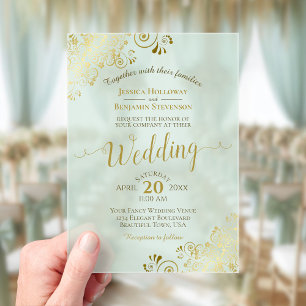 Invitaciones Acrílicas Elegante Boda Verde Menta Caligrafía en Oro