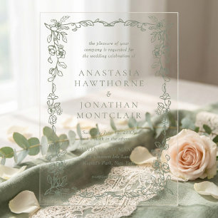 Invitaciones Acrílicas Elegante Boda Victoriana Vintage en Verde Salvia