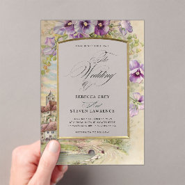 Invitaciones Acrílicas Elegante boda vintage de caligrafía floral púrpura