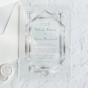 Invitaciones Acrílicas Elegante Boda Vintage Deco de Plata de los Años 20