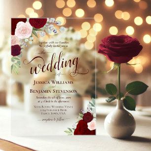 Invitaciones Acrílicas Elegante Bodas Bohemias de Rosas Burgundy y Rubor