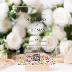 Invitaciones Acrílicas Elegante Boho Wild Flower Foto Boda de código QR