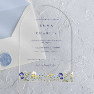 Invitaciones Acrílicas Elegante Boho Wildflowers azul Script Boda Acryl