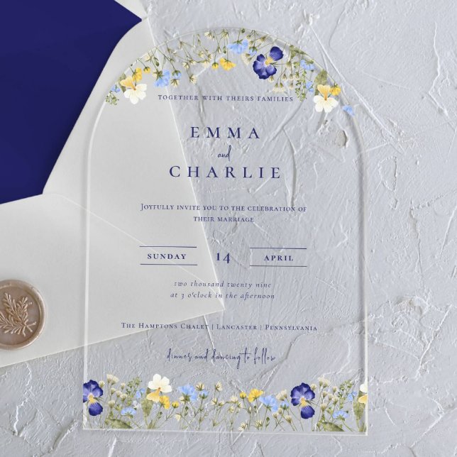 Invitaciones Acrílicas Elegante Boho Wildflowers Boda de guiones azules (Subido por el creador)