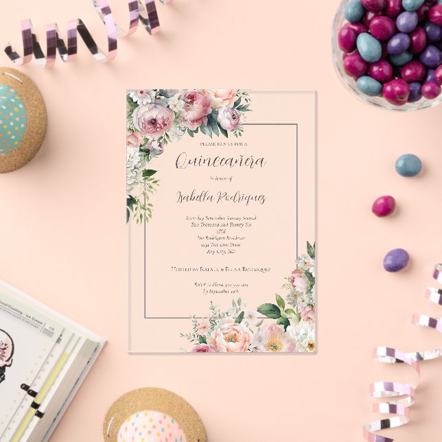 Invitaciones Acrílicas Elegante Borde Plata Floral Rosa Quinceañera (Insitu (Celebración))