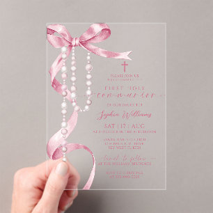 Invitaciones Acrílicas Elegante Bow Rosa y Rosario Primera Comunión Sagra