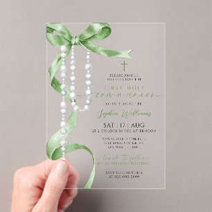 Invitaciones Acrílicas Elegante Bow Verde y Rosario Primera Santa Comunió