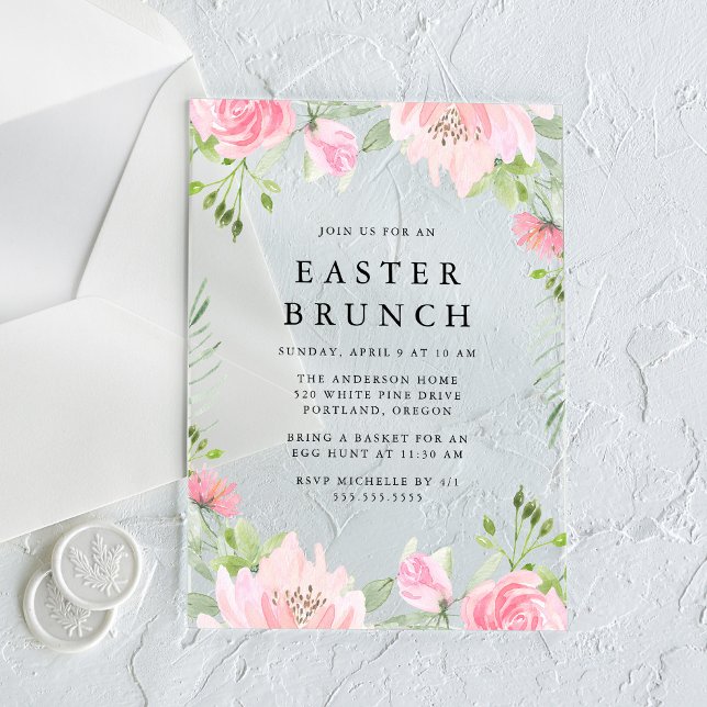 Invitaciones Acrílicas Elegante Brunch de Pascua Floral de Agua Rosa (Subido por el creador)