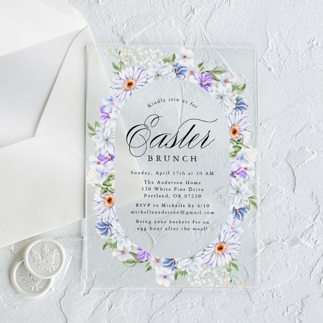 Invitaciones Acrílicas Elegante brunch de Pascua morado y floral azul (Subido por el creador)
