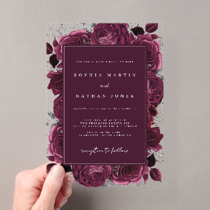 Invitaciones Acrílicas Elegante Burgundy Rosa Plateada Clara Boda
