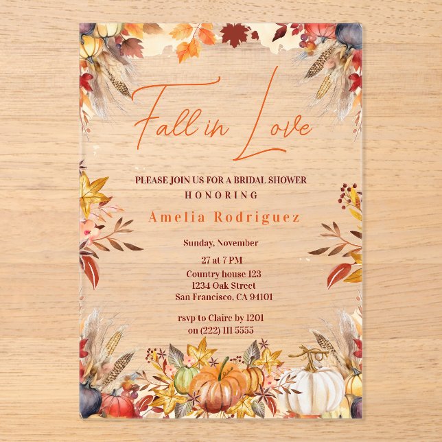 Invitaciones Acrílicas Elegante caída en amor flores de calabaza de novia (Anverso)