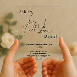 Invitaciones Acrílicas Elegante Caligrafía Blanca Y Negra Boda Simple