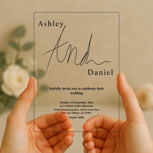 Invitaciones Acrílicas Elegante Caligrafía Blanca Y Negra Boda Simple (Subido por el creador)