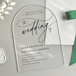 Invitaciones Acrílicas Elegante caligrafía Boda de arco blanco y negro