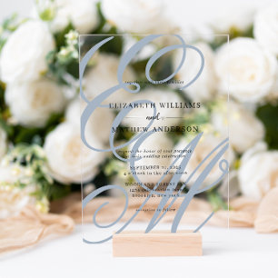 Invitaciones Acrílicas Elegante caligrafía Boda de Monograma azul turbio