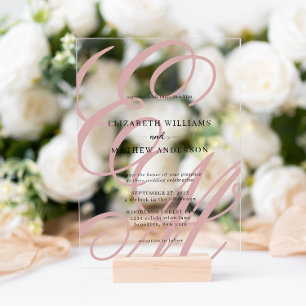 Invitaciones Acrílicas Elegante caligrafía Boda de monograma rosado con p