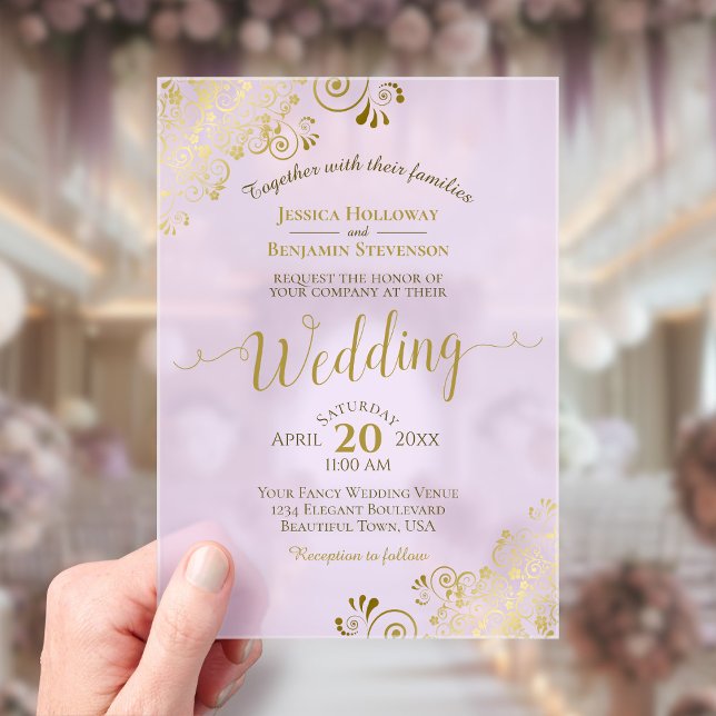 Invitaciones Acrílicas Elegante caligrafía de oro Lilac Boda púrpura (Subido por el creador)