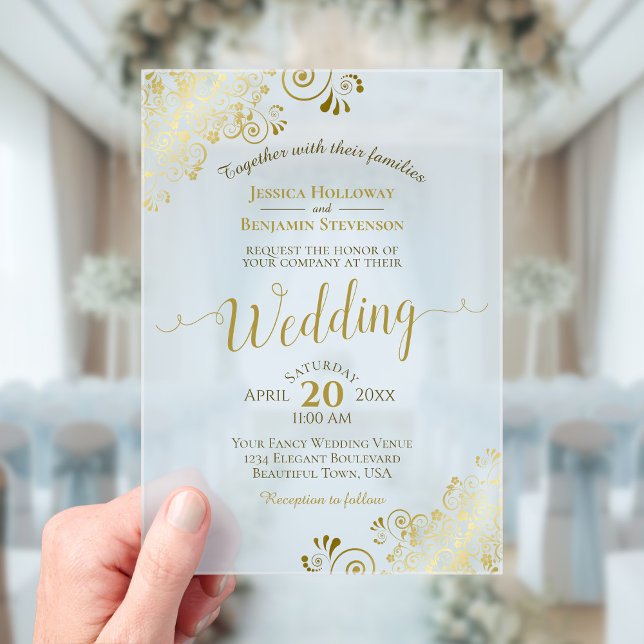 Invitaciones Acrílicas Elegante caligrafía de oro Polvo Boda azul (Subido por el creador)
