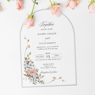 Invitaciones Acrílicas Elegante caligrafía del arco floral del Pastel Boh