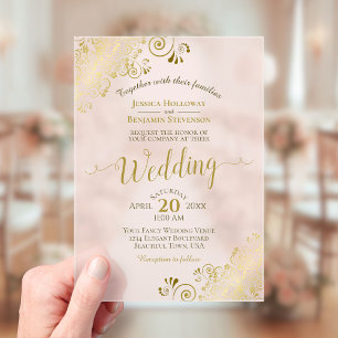 Invitaciones Acrílicas Elegante caligrafía dorada Boda rosa Rubor