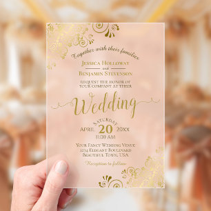 Invitaciones Acrílicas Elegante Caligrafía en Oro Coral Melocotón Boda