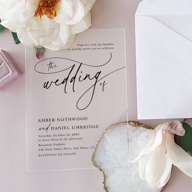 Invitaciones Acrílicas Elegante caligrafía Monograma negro y blanco Boda (Subido por el creador)