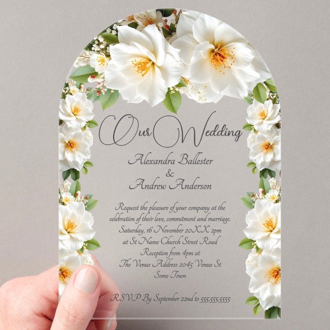 Invitaciones Acrílicas Elegante Camelias de Boda Flores Amarillas Blancas (Subido por el creador)