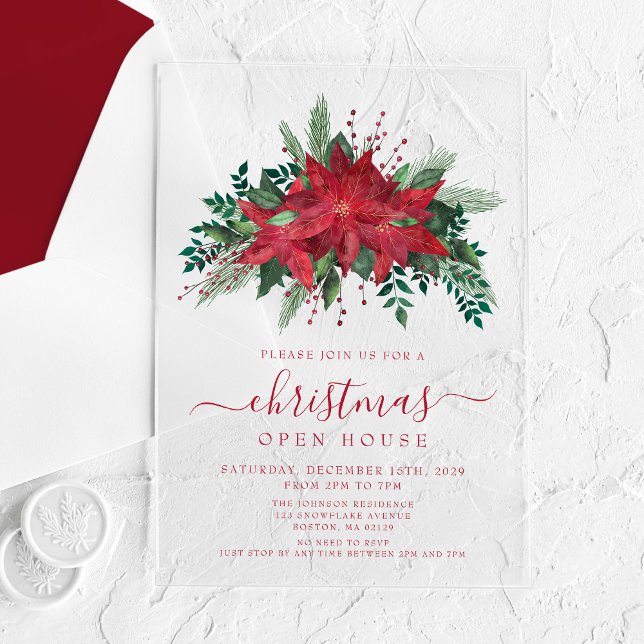 Invitaciones Acrílicas Elegante Casa de Navidades florales de Poinsettia  (Elegant Red Poinsettia Floral Christmas Open House Acrylic Invitations)