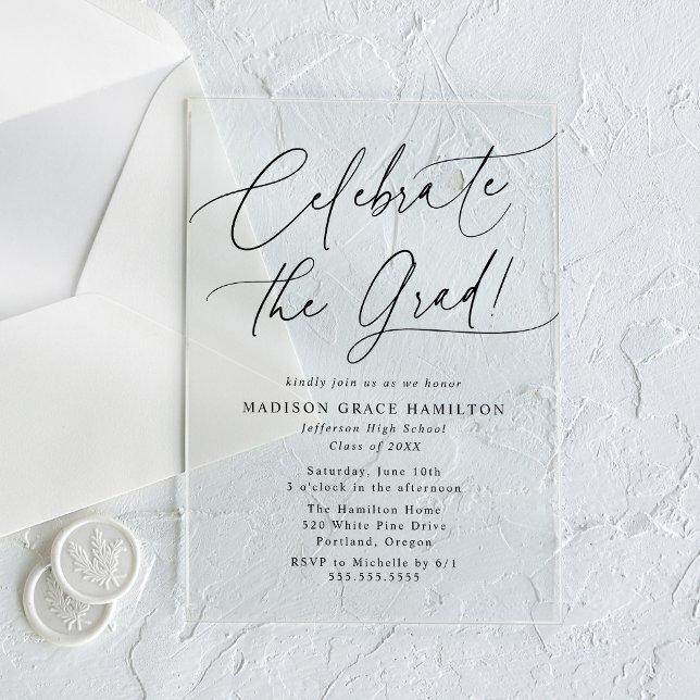 Invitaciones Acrílicas Elegante Celebre la graduación de Black Script Gra (Subido por el creador)
