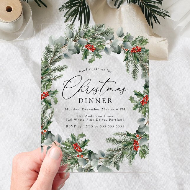 Invitaciones Acrílicas Elegante cena Holly Berries y Navidades de pino (Subido por el creador)