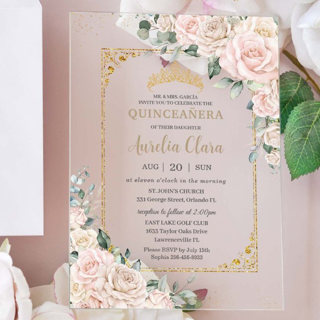 Invitaciones Acrílicas Elegante Champagne Rubor Floral Quinceañera (Subido por el creador)