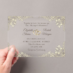 Invitaciones Acrílicas Elegante Chic Corazones de Oro Encaje Boda