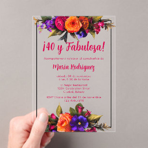 Invitaciones Acrílicas Elegante Chic Español Florales Brillantes Cumpleañ