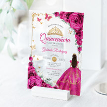 Elegante Chic Rosa Fucsia Rosas Quinceañera Dorada