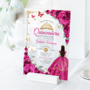 Invitaciones Acrílicas Elegante Chic Rosa Fucsia Rosas Quinceañera Dorada