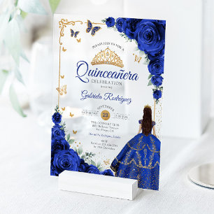 Invitaciones Acrílicas Elegante Chic Rosas Azules Reales Quinceanera Dora