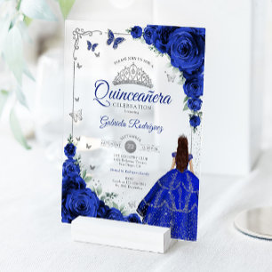 Invitaciones Acrílicas Elegante Chic Rosas Azules Reales Quinceañera Plat