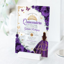 Elegante Chic Rosas Moradas Quinceañera Dorada