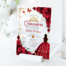 Elegante Chic Rosas Rojas Quinceañera Dorada