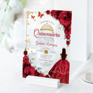 Invitaciones Acrílicas Elegante Chic Rosas Rojas Quinceañera Dorada