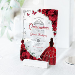 Invitaciones Acrílicas Elegante Chic Rosas Rojas Quinceañera Plata 
