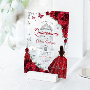 Invitaciones Acrílicas Elegante Chic Rosas Rojas Quinceañera Plata
