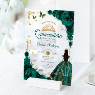 Invitaciones Acrílicas Elegante Chic Rosas Verdes Esmeralda Quinceañera D