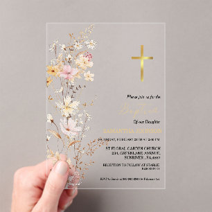 Invitaciones Acrílicas Elegante Chica de flores silvestres bautizo cristi