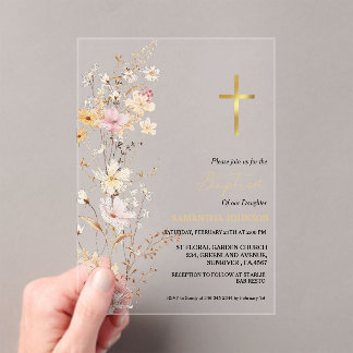 Invitaciones Acrílicas Elegante Chica de flores silvestres bautizo cristi