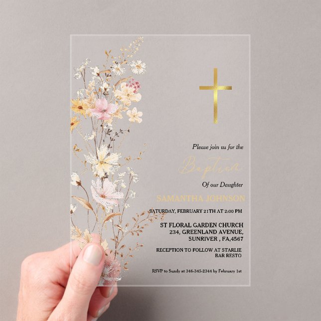 Invitaciones Acrílicas Elegante Chica de flores silvestres bautizo cristi (Insitu (portátil))