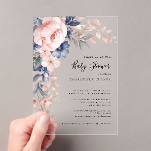 Invitaciones Acrílicas Elegante Chica Floral Rosa Baby Shower
