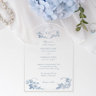 Invitaciones Acrílicas Elegante Clásico Floral Francés Azul Polvoriento