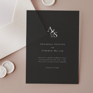 Invitaciones Acrílicas Elegante, clásico, monograma, Boda gris oscuro