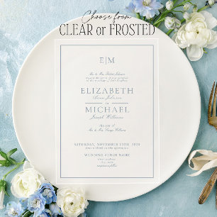 Invitaciones Acrílicas Elegante Clásico Monograma en Azul Polvoriento par